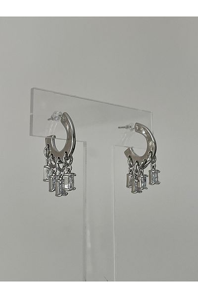 JELLY Women's Steel Silver Color Dangle Baguette Stone Hoop Earrings