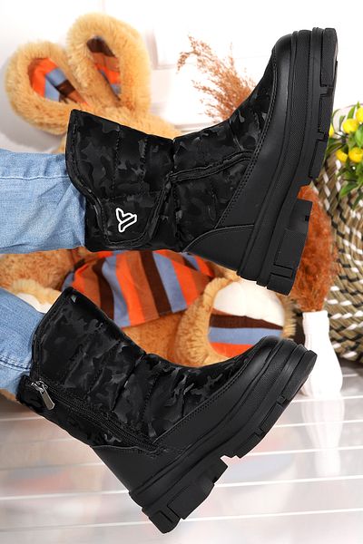 Kiko Kids Κοριτσίστικες χειμερινές μαύρες μπότες με γούνα στο εσωτερικό με φερμουάρ στο πλάι με οδοντωτή σόλα Ανθεκτικά στο νερό και στο κρύο