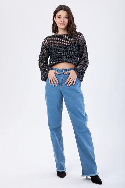 TOFİSA Pantaloni din denim cu ciucuri Palozzo cu talie înaltă, albastru - 23665