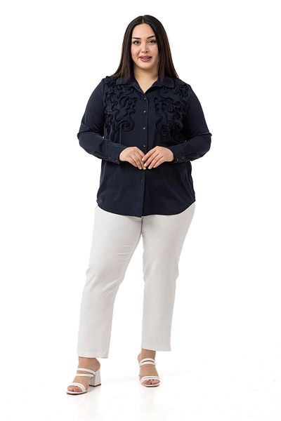 DISENTIS MODEST Large Size Navy Blue Shirt with Embossed Fabric Detail
