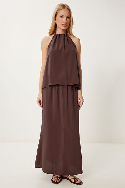 Lovelyİstanbul Modal Blouse Skirt Suit Brown Lhl0006