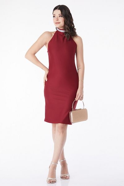 TOFİSA Stone Detailed Evening Dress Burgundy - 13173