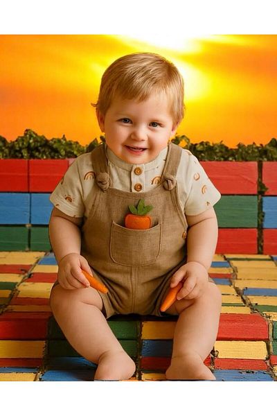 ALTINTAŞ BABY Car Patterned Muslin Baby Boy Salopet with Carrot Accessories
