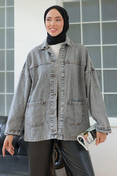 TOFİSA Women's Snow Wash Double Pocket Buttoned Denim Jacket Anthracite - 26657