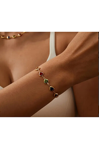 SE Jewellery Collection Selin Ersoy Kadın Renkli Kalpli Taşlı Kolye ve Bileklik Seti