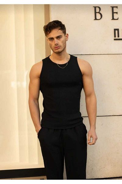 Ast giyim Men's Black Weightlifting Collar Ribbed Sportsman Lycra Singlet
