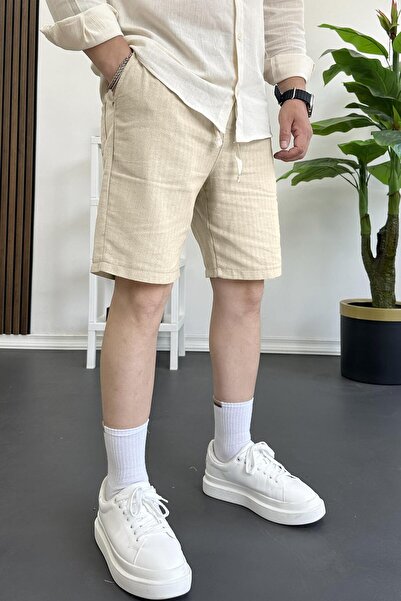 Edwox Erkek Beli Lastikli Keten Kumaş Şort Krem Edw370