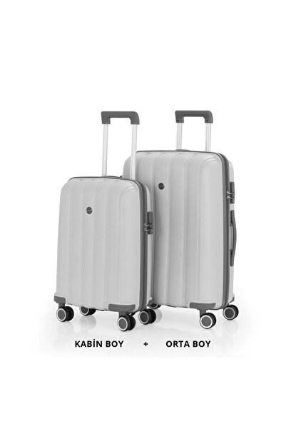 MÇS Bavul Orta ve Kabin 2li Set Kırılmaz Silikon Valiz V305 Kemik/Gri