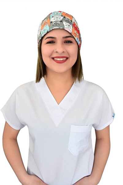 Nur Ortopedi Unisex Turuncu Kedi Temalı Doktor Hemşire Hastane Aşçı Cerrahi Bonesi