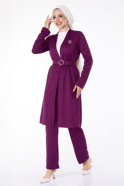 TOFİSA Cardigan Trousers Double Set Purple - 13197