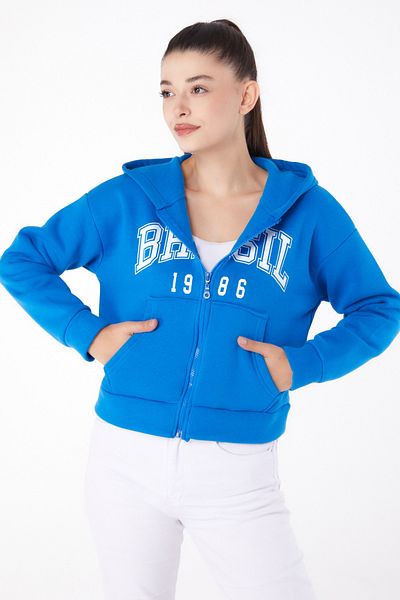 TOFİSA Zippered Crop Sweatshirt Blue - 26278