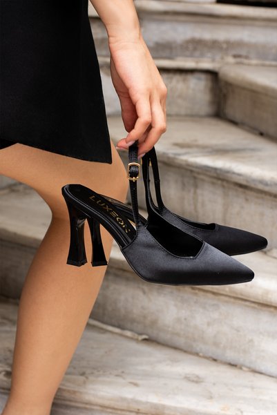 LUXEON Women's Black Satin Pointed Toe Back Strap Stiletto Heel Open Daily Elegant Comfortable Heeled Shoes