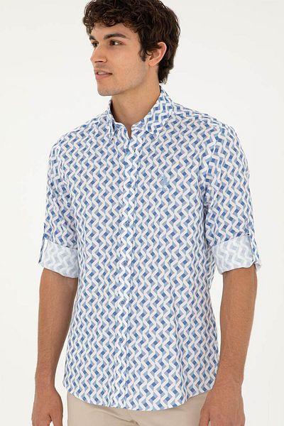 U.S. Polo Assn. Η.Π.Α. Polo Assn. Ανδρικό 100% βαμβακερό πουκάμισο με μακρυμάνικο σκούρο μπλε σχέδιο 1851465