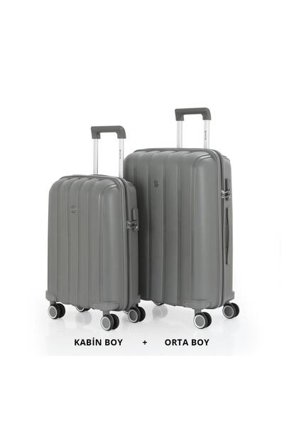 MÇS Bavul Orta ve Kabin 2li Set Kırılmaz Silikon Valiz V305 Gri