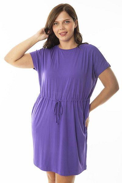 Şans Women's Large Size Purple Tunnel Waist Lace-Up Low Sleeve Tunic Dress 65N36919