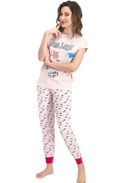 vory Women's Printed Salmon Short Sleeve and Cuffed Leg Single Jersey Pajama Set Vr.Rp.Ky24.A.60.Y08
