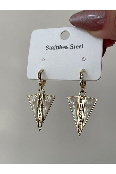 JELLY Women's Steel Gold Color Zircon Stone Detailed Triangle Dangle Earrings