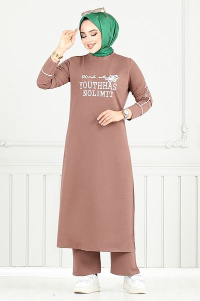 ModaMerve طقم حجاب مطبوع 4098PM1063-M بني فاتح