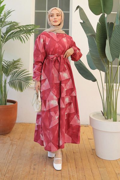 TOFİSA Patterned Sleeve Gathered Dress Claret Red - 26620