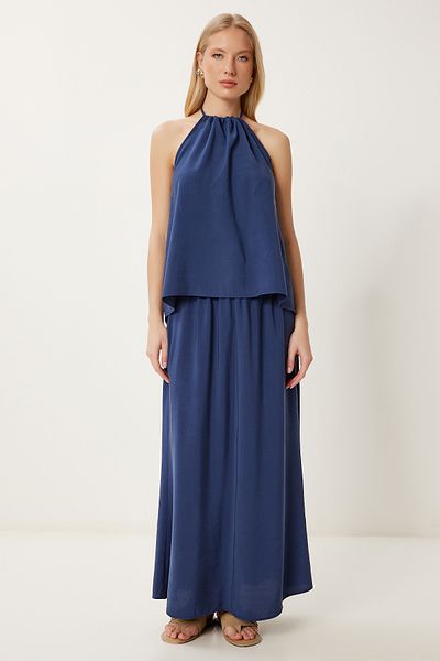 Lovelyİstanbul Modal Blouse Skirt Set Dark Blue Lhl0006
