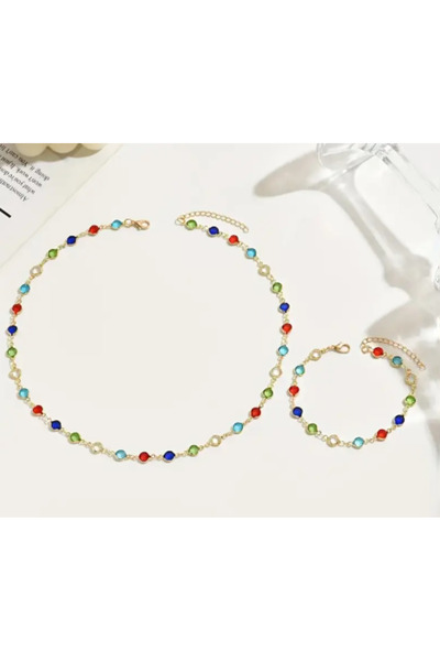 SE Jewellery Collection Selin Ersoy Kadın Renkli Taşlı Gold Kolye ve Bileklik Takımı – Zarif ve Şık Takı Seti