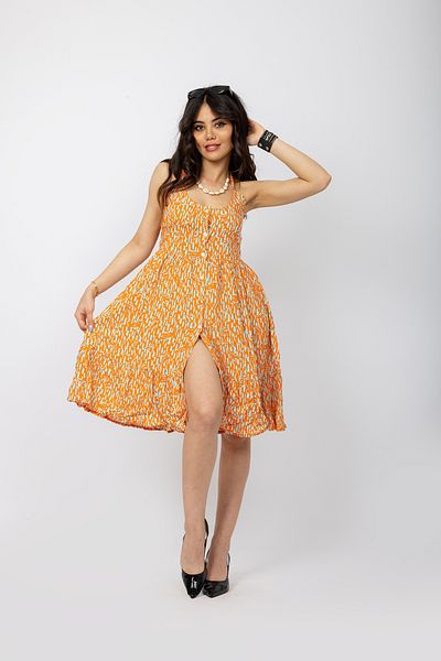 Stil Sepeti Women Orange White Floral Patterned Strap Buttoned Slit Detail Mini Dress Tll-1000546120