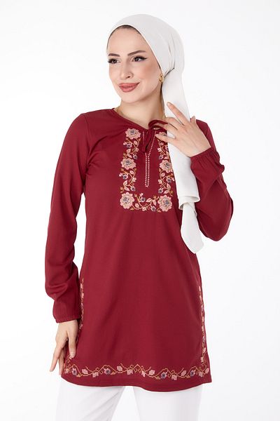TOFİSA Embroidered Tunic Claret Red - 13185