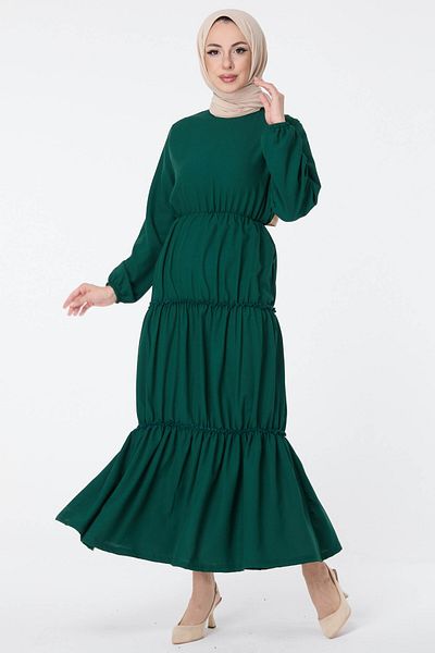 TOFİSA Green Women's Dress - Plain Crew Neck - 11433