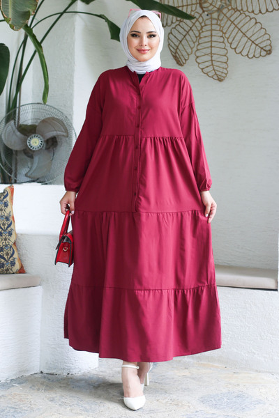 TOFİSA فستان برباط وفتحة عنابي - 13156