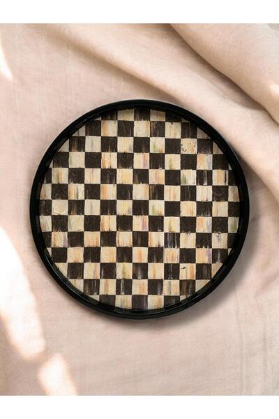 unique florya Checkered Round Tray 28cm Presentation Decorative Home Tableware Kitchen Tea Coffee Tray