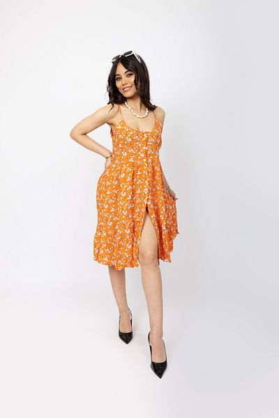 Stil Sepeti Women Orange Floral Patterned Strap Buttoned Slit Detail Mini Dress Tll-1000546120