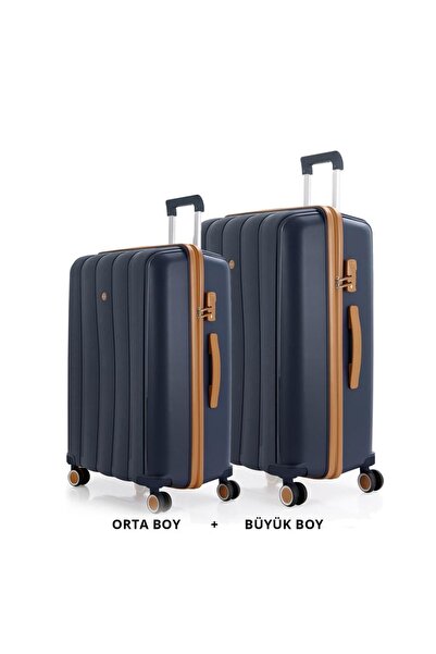 MÇS Bavul Büyük ve Orta 2li Set Kırılmaz Silikon Valiz V305 Laci/Hardal