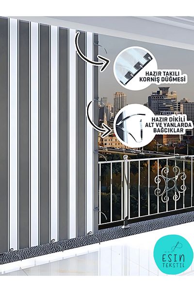 esin tekstil Gray and White Striped Balcony Curtain with Cornice - Luxury Tailored Tarpaulin
