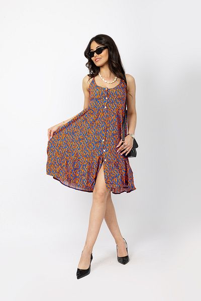 Stil Sepeti Women Orange Blue Floral Patterned Strap Buttoned Slit Detail Mini Dress Tll-1000546120