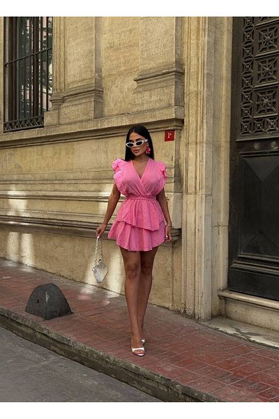 Stil Sepeti Rochie mini roz pentru femei, cu mâneci cu guler dublu și fustă, cu volane, pantaloni scurți din țesătură de muselină ELY-1000789120