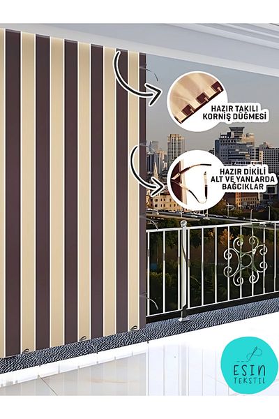 esin tekstil Brown Cream Striped Balcony Curtain with Cornish - Luxury Tailored Tarpaulin