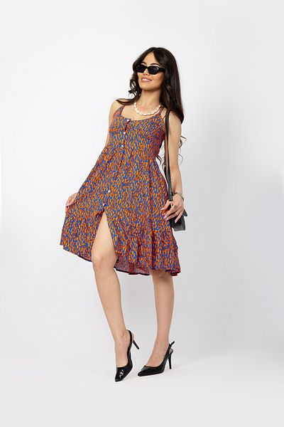Stil Sepeti Women Orange Blue Floral Patterned Strap Buttoned Slit Detail Mini Dress Tll-1000546120
