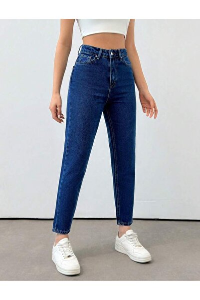 TOFİSA Απλό μεσαίο γυναικείο σκούρο μπλε Slim Fit Mom Jeans - 13360