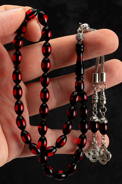 OTTOTESBİH Men's Gift Love Knot Tasseled Red Vertical Powder Amber Rosary
