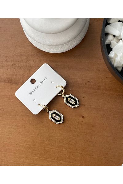 JELLY Women's Steel Zircon Stone Black Detailed Hexagon Figured Dangle Earrings for Women