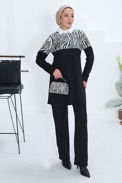 TOFİSA Leopard Garnished Double Suit Black - 13210