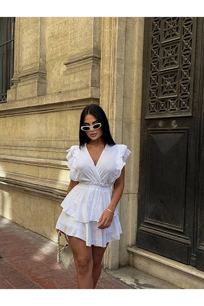 Stil Sepeti Women's White Double Breasted Collar Sleeves and Skirt Ruffled Muslin Fabric Mini Dress with Shorts Ely-1000789120