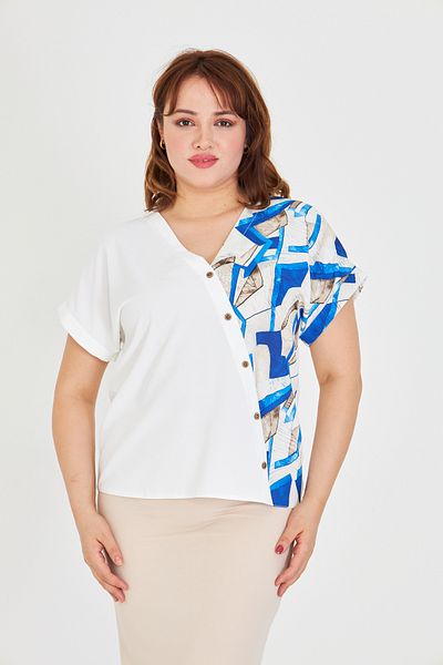 UNIQUE LADY Women S V-Neck Asymmetrical Print Blouse with Ornamental Button Detail - for Casual and Stylish Combinations
