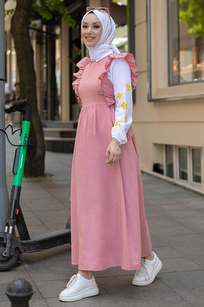 TOFİSA Pink Women's Shirt Dress - Plain Crew Neck - 10510