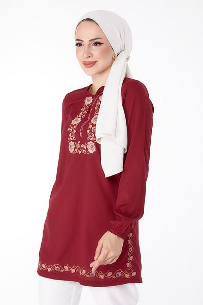 TOFİSA Embroidered Tunic Claret Red - 13185