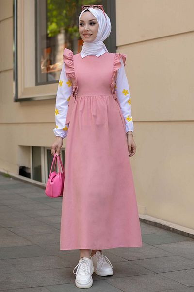 TOFİSA Pink Women's Shirt Dress - Plain Crew Neck - 10510