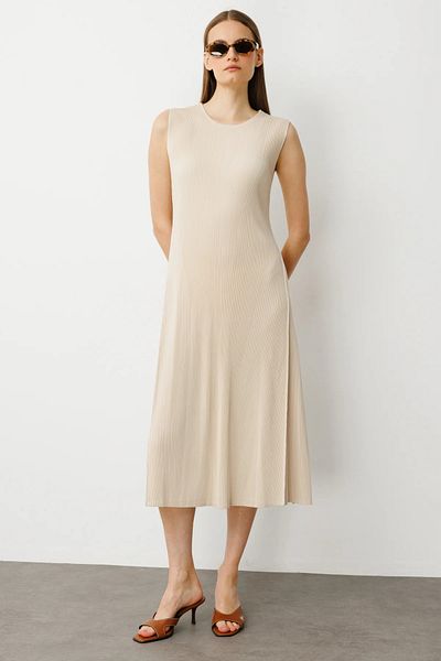 Ekol Accordion Fabric Sleeveless Dress