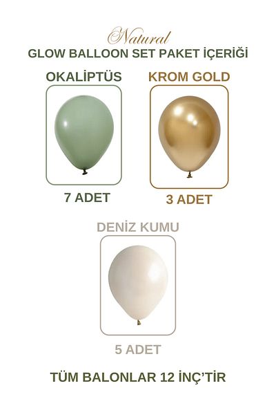 Mielibon Set of 15 Natural Sparkle Balloons |   Eucalyptus, Sand White and Chrome Gold Colors |   12 Inches