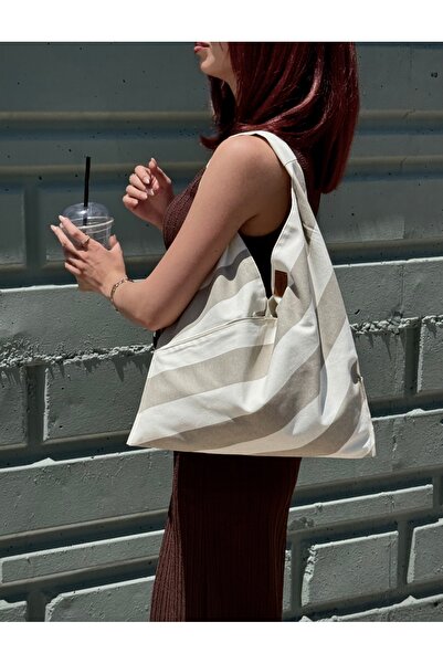 LUNAFEL Μπεζ-λευκή ριγέ υφασμάτινη τσάντα-γυναικεία τσάντα χειρός και τσάντα ώμου