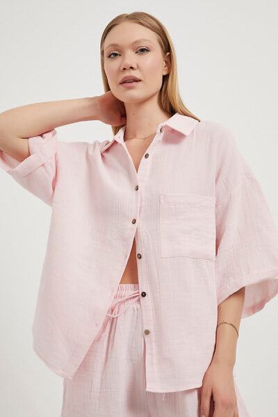 Arma Life Women's Oversize Shirt Elasticated Mini Shorts Pink Muslin Bottom Top Set